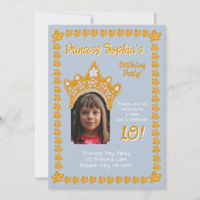 Invitación Frosted Blue Princess Crown Floral Photo Birthday (Anverso)