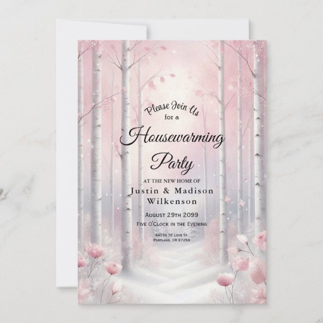 Invitación Frosted Petals in a Winter Woodland Housewarming (Anverso)