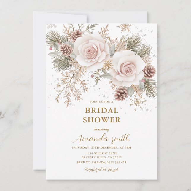 Invitación Frosty Flowers Winter Pink Christmas Bridal Shower (Anverso)