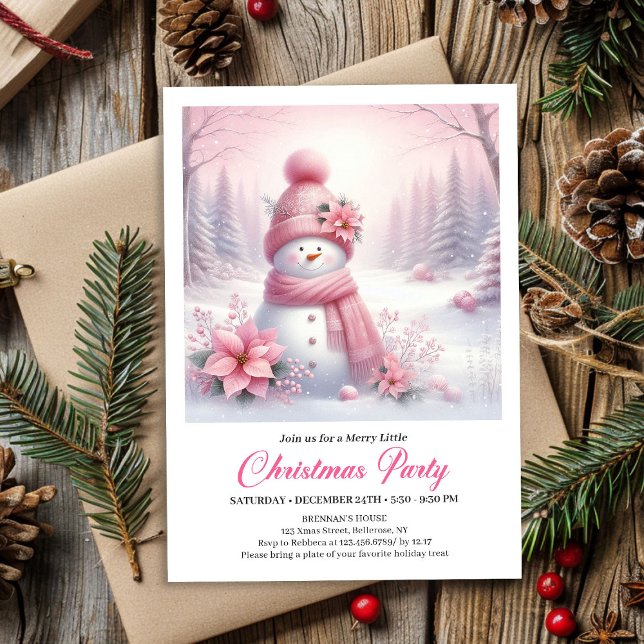 Invitación Frosty Pink Coquette Snowman Digital Christmas  (Frosty Pink Coquette Snowman Digital Christmas Kids Invite)