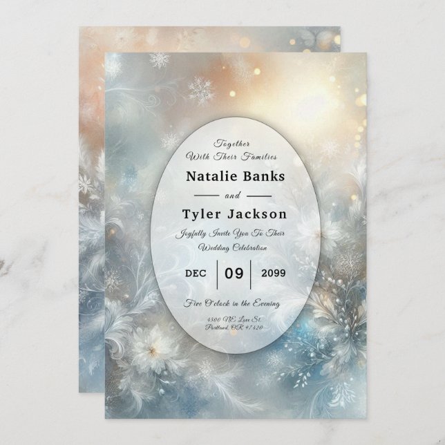 Invitación Frozen Petals in a Golden Winter Mist Wedding (Anverso / Reverso)