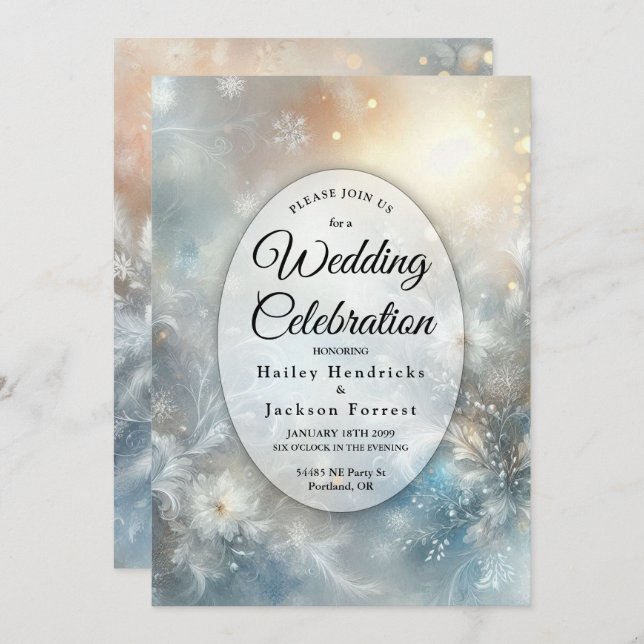Invitación Frozen Petals in a Golden Winter Mist Wedding (Anverso / Reverso)