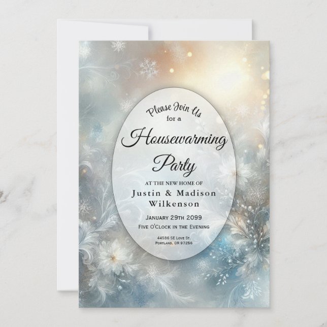 Invitación  Frozen Petals in Golden Winter Housewarming Party (Anverso)