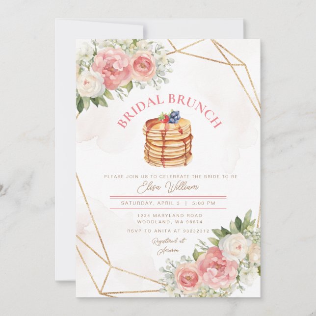 Invitación Fruit Pancake Pink Florals Bridal Shower Brunch (Anverso)