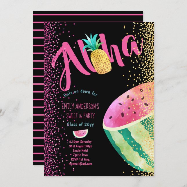 Invitación Fruity Tropical Sweet 16 Invita a Melon ALOHA (Anverso / Reverso)