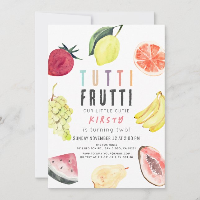 Invitación Fruta acuática Tutti Frutti Segundo cumpleaños (Anverso)