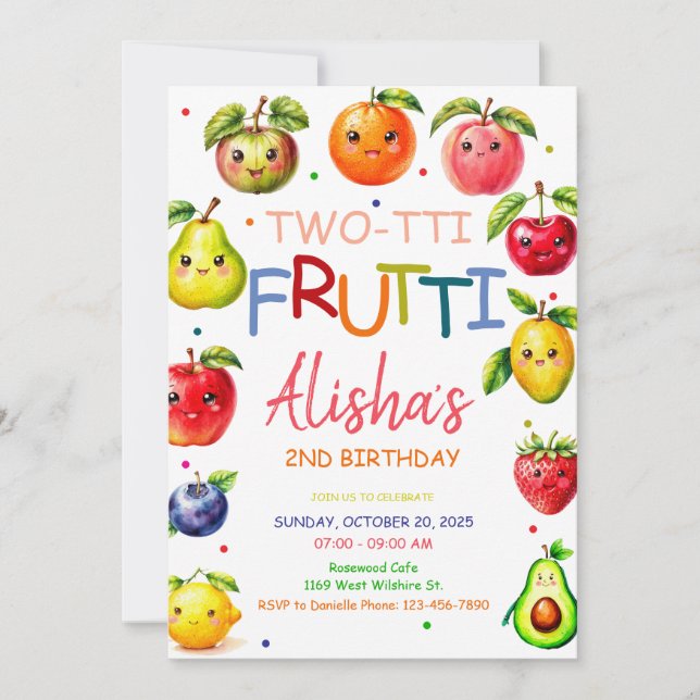 Invitación Fruta de Kawaii Fruta de dos tti segundo cumpleaño (Anverso)