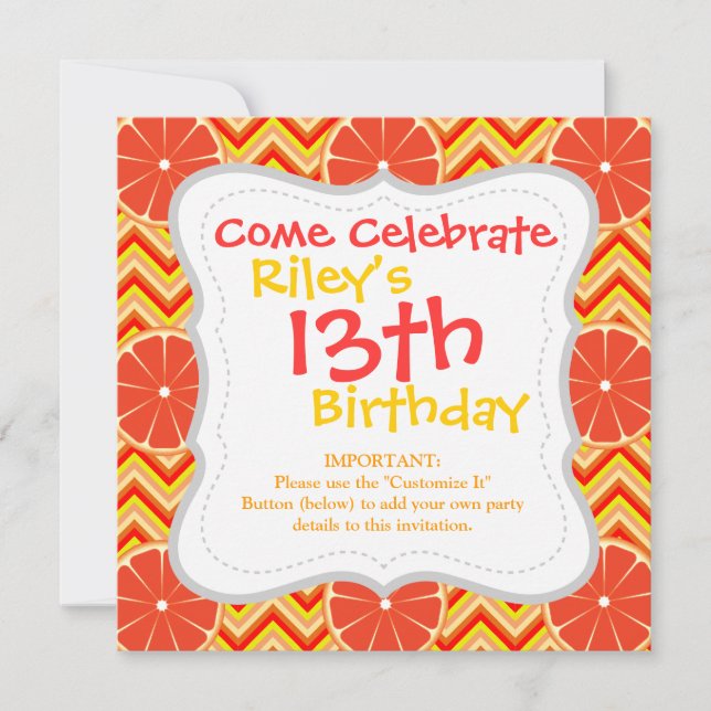 Invitación Fruta de verano brillante en Chevron amarillo Nara (Anverso)