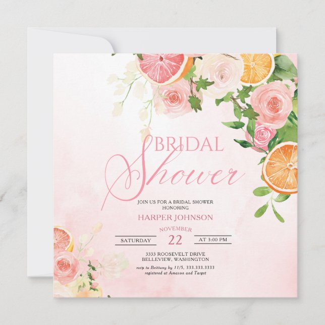 Invitación Fruta temática Citrus Floral Rosa Ducha de novia (Anverso)