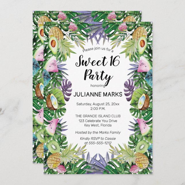 Invitación Fruta tropical| Verdor Dulce de verano 16 Fiestas (Anverso / Reverso)
