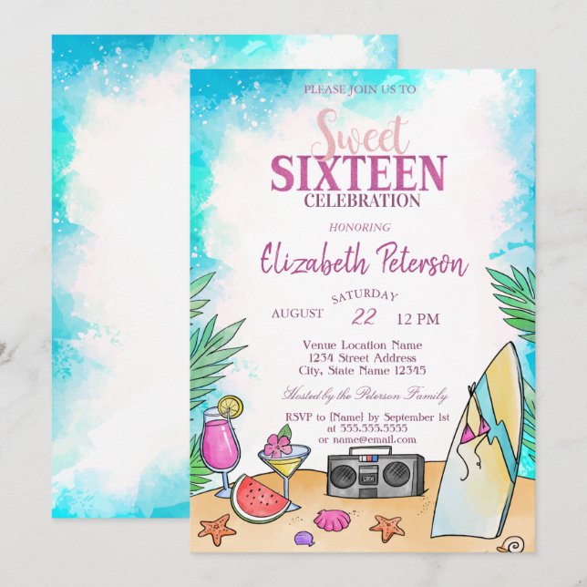 Invitación Frutas Cóctel de Playa Genial Fiesta Dulce de 16 V (Anverso / Reverso)