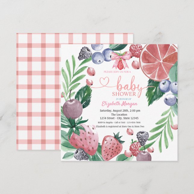 Invitación Frutas de acuarela a cuadros rojos bayas dulces (Anverso / Reverso)