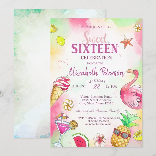 Invitación Frutas de flamenco Fiesta de piscina de verano Dul (Anverso / Reverso)