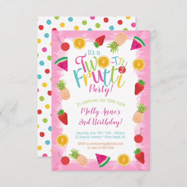 Invitación Frutas de frutti de dos cumpleaños, lindo (Anverso / Reverso)
