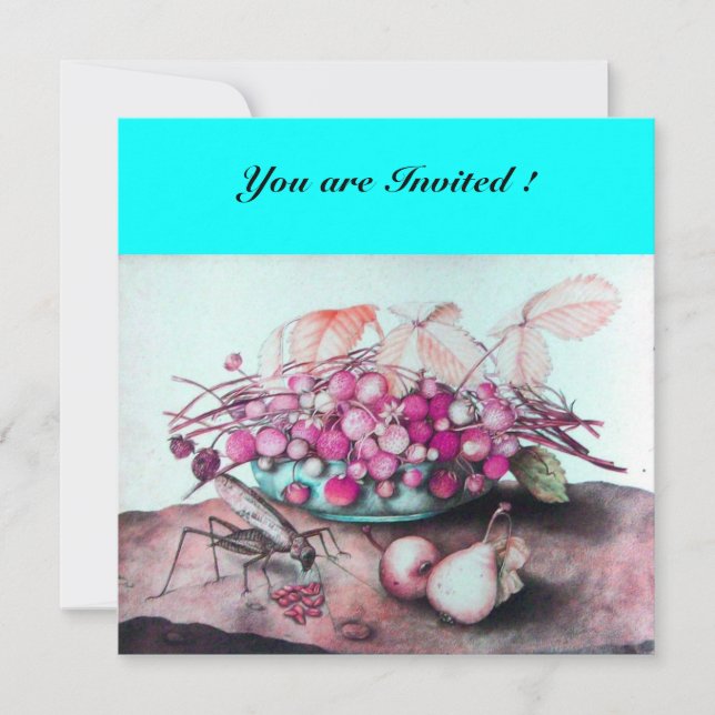 Invitación FRUTAS DE LA TEMPORADA / FRESAS Y PERAS Azul rosa (Anverso)