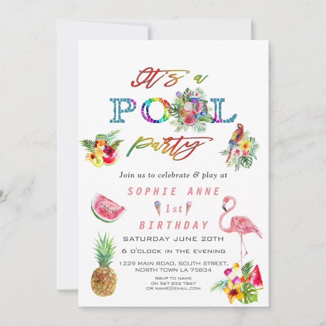 Invitación Frutas florales de Hawái Piscina de Aves Cumpleaño (Anverso)