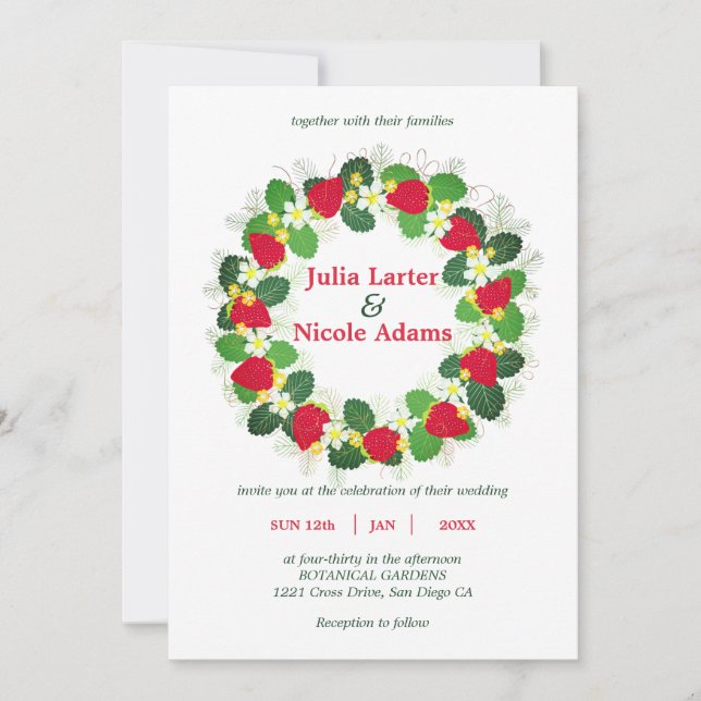 Invitación Frutas Flores Hojas Bodas Fresa Roja (Anverso)