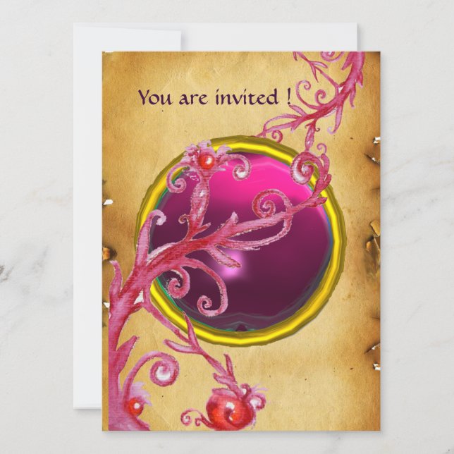 Invitación FRUTAS MÁGICAS PERGAMINO GEMA roja rubí (Anverso)