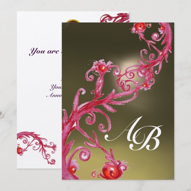 Invitación FRUTILLAS MÁGICAS 3,MONOGRAM rubí metálico dorado (Anverso / Reverso)