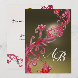 Invitación FRUTILLAS MÁGICAS 3,MONOGRAM rubí metálico dorado