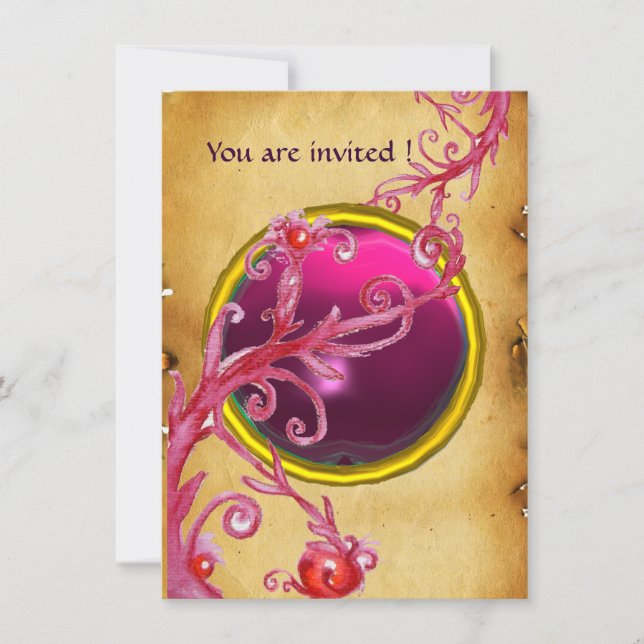 Invitación FRUTILLAS MÁGICAS PERGAMINO GEMA roja rubí (Anverso)