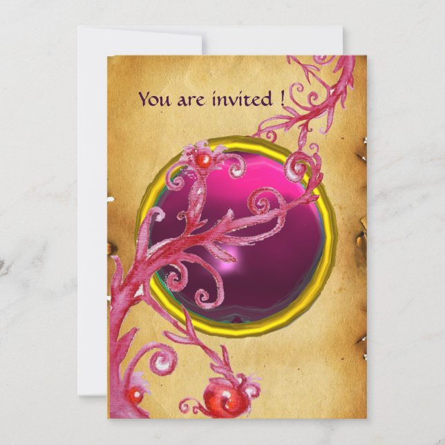Invitación FRUTILLAS MÁGICAS PERGAMINO GEMA roja rubí (Anverso)