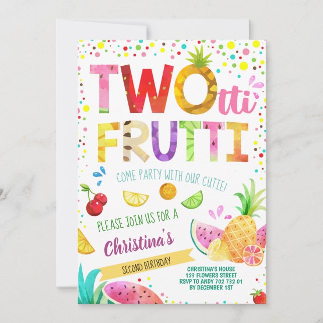 Invitación Frutos de verano 2 cumpleaños Chica Twotti Frutti  (Anverso)