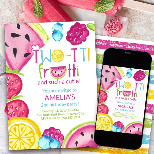 Invitación Frutti de dos tetas, un cumpleaños de fruta de ver (Two-tti frutti such a cutie 2nd birthday invitation)