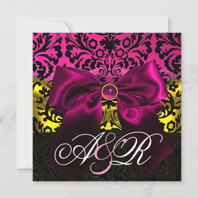 INVITACIÓN FUCHSA RIBBON GOLD PINK BLACK DAMASK MONOGRAM (Anverso)