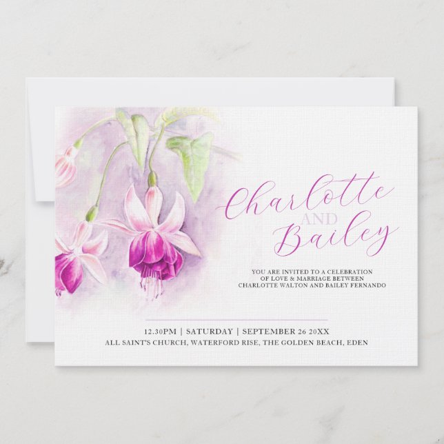Invitación Fuchsia acuarela boda de arte rosa profundo (Anverso)