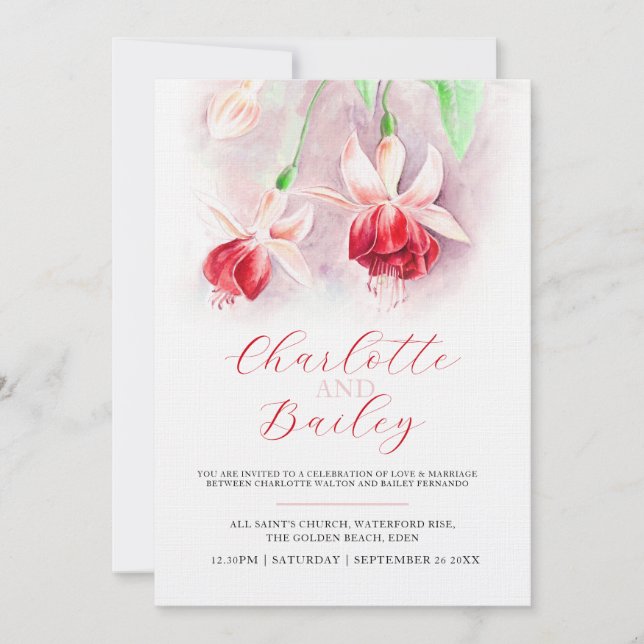 Invitación Fuchsia acuarela boda de arte rosa rojo (Anverso)