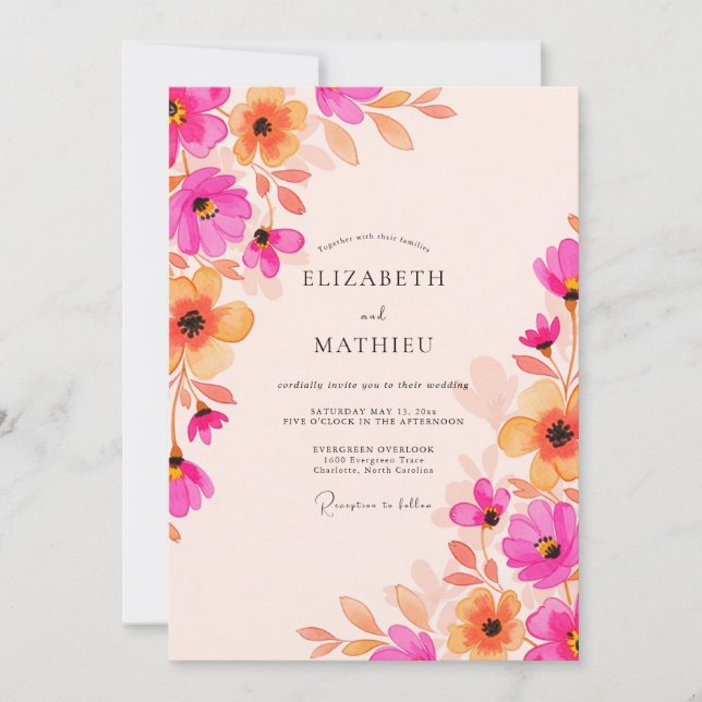 Invitación Fuchsia Apricot Radiant Watercolor Wedding (Anverso)