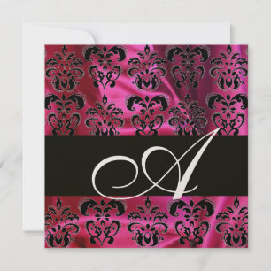Invitación FUCHSIA BLACK SILK DAMASK MONOGRAM , Oro Metalizad