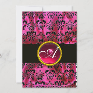 Invitación FUCHSIA BLACK SILK DAMASK RUBY MONOGRAM ,blanco