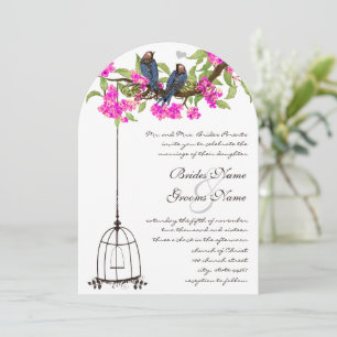 Invitación Fuchsia Cherry Blossom Love Birds Birdcage Boda