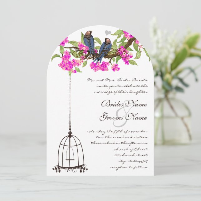 Invitación Fuchsia Cherry Blossom Love Birds Birdcage Boda (Anverso de pie)