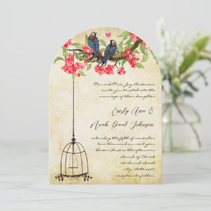 Invitación Fuchsia Cherry Blossom Love Birds Birdcage Boda