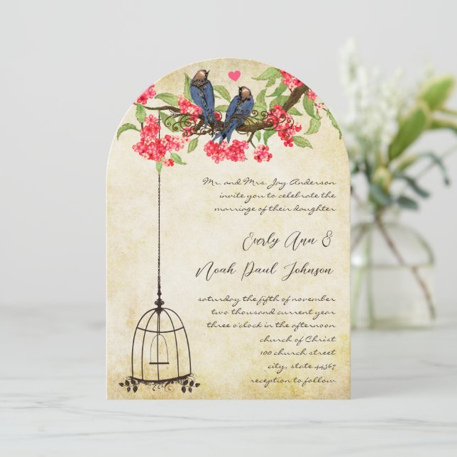 Invitación Fuchsia Cherry Blossom Love Birds Birdcage Boda (Anverso de pie)
