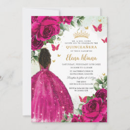 Invitación Fuchsia Floral Brown Princess Quinceañera Sweet 16