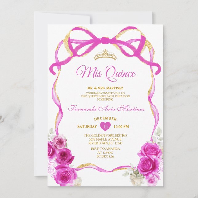 Invitación Fuchsia Floral Rosa Cinta Cinta Dorada Des Quince (Anverso)