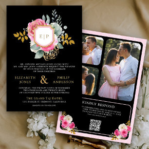 Invitación Fuchsia Floral rosa Código QR Boda Escudo negro