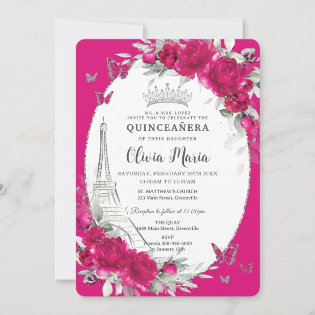Invitación Fuchsia Floral Rosa Paris Butterflies Quinceañera (Anverso)