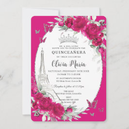 Invitación Fuchsia Floral Rosa Paris Butterflies Quinceañera
