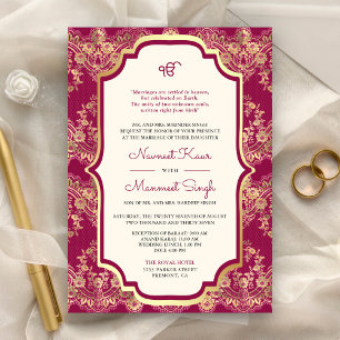 Invitación Fuchsia Gold Lace QR Code Anand Karaj Sikh Boda