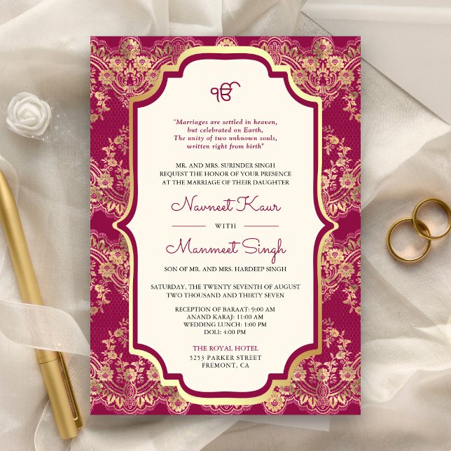 Invitación Fuchsia Gold Lace QR Code Anand Karaj Sikh Boda (Subido por el creador)