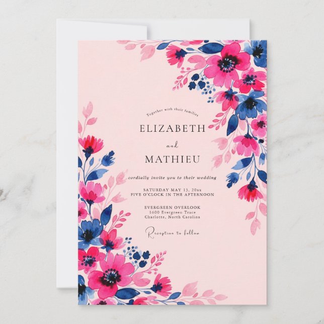 Invitación Fuchsia Indigo Blossoming Spring Wedding (Anverso)