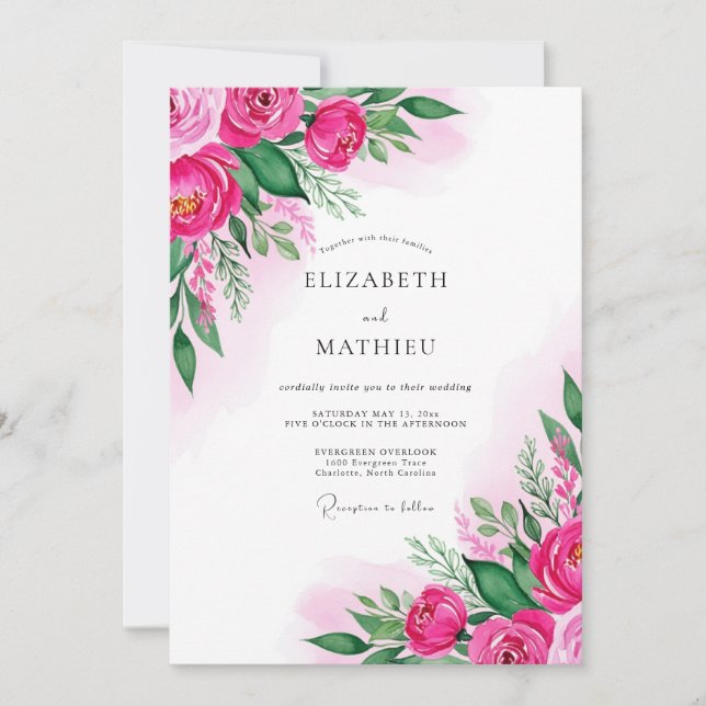 Invitación Fuchsia Lush Watercolor Wedding (Anverso)