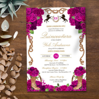 Invitación Fuchsia Magenta Rosas Charro Quinceanera Occidenta