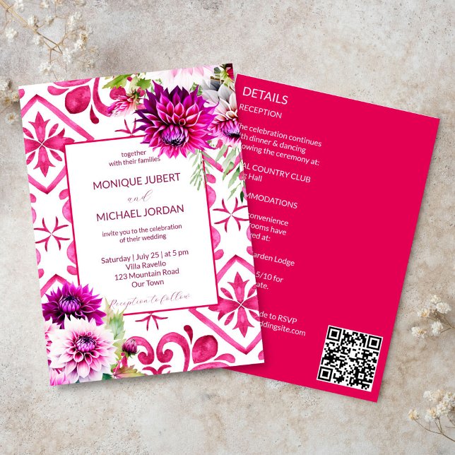 Invitación Fuchsia Majolica baldosas magenta dahlia todo en u (Fuchsia Majolica tiles magenta dahlia all in one simple wedding template Invitation digital download)