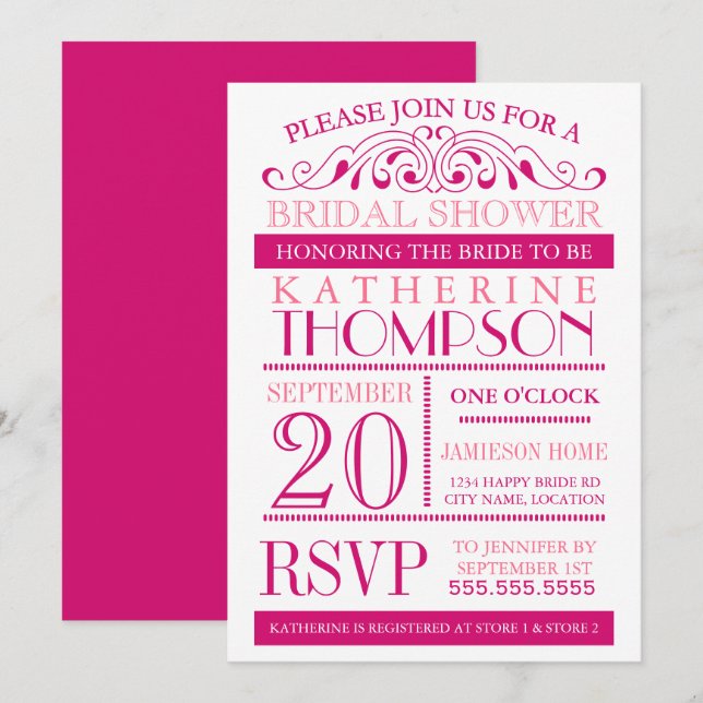 Invitación Fuchsia moderna y ducha de novia rosa (Anverso / Reverso)